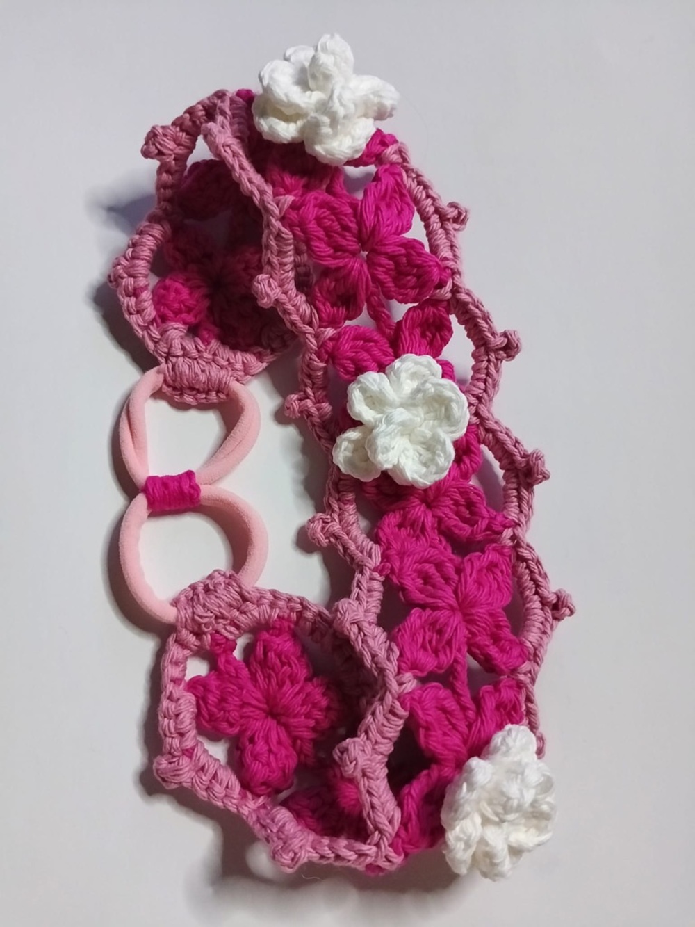 Handmade Pink Crochet Floral Headband with White Flowers